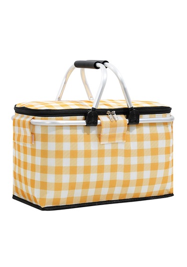 Büyük Kapasiteli Katlanabilir Yalıtımlı Piknik Çantası-sarı Ekose Sarı