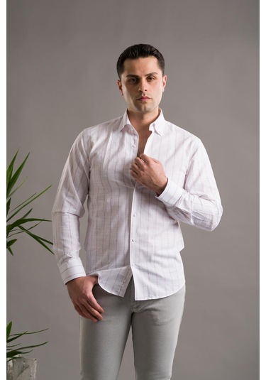 Evrytime Slimfit Pamuklu Çizgili Yaka Düğmeli Uzun Kol Erkek Yazlık Gömlek 001