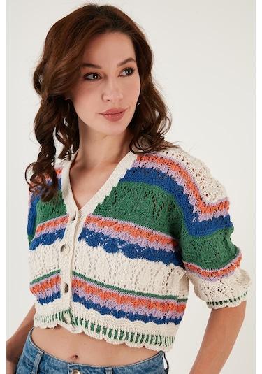 Lela Renkli V Yaka Ajurlu Crop Bayan Hırka 6071583 Ekru-Yeşil