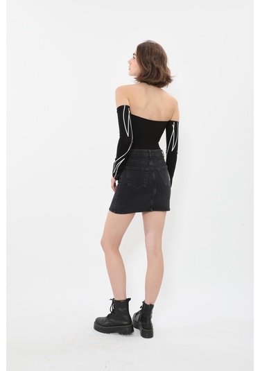 Kadın Likralı Antrasit Mini Jean Etek Antrasit