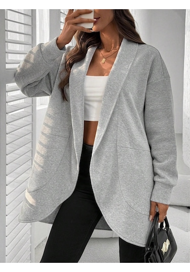 Gri Kadın Spor Ceket Cepsiz Model, 3 İplik Şardonlu Kumaş Gri