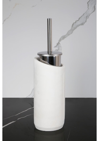 Betonmall 4 Parça Mermer Desenli Beton Banyo Wc Seti Tuvalet Fırçası Çöp Kovası 4 Litre - Sade Beyaz Sade Beyaz