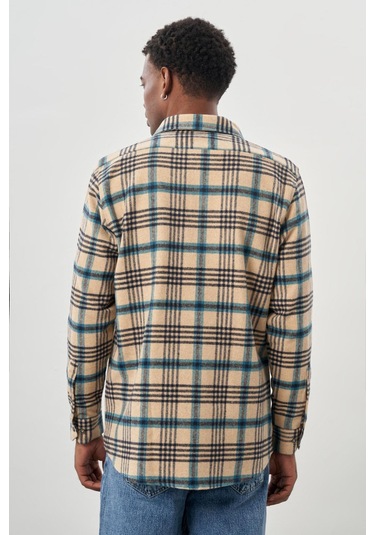 Koyu Bej Yünlü Ekose Desen Yumuşak Yaka Cepsiz Uzun Kol Casual Comfort Fit Gömlek 1004245227 Koyu Bej