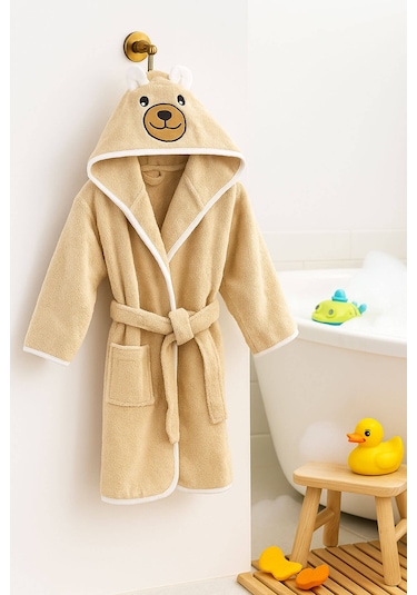 Kapşonlu Hayvan Desenli Çocuk Banyo Deniz Plaj Bornozu %100 Pamuklu Bej