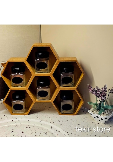 6'lı Baharatlık Takımı Ahşap Bambu Eskitme Standlı Petek Model Bambu