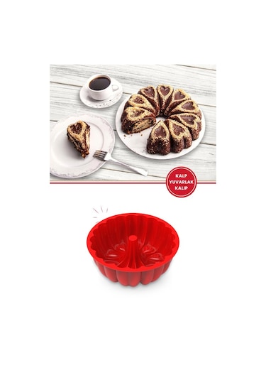 Kalp Desenli Yuvarlak Silikon Kek Kalıbı 23 Cm Kırmızı