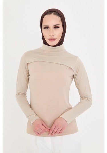 Bej Tesettür Balıkçı Yaka Boyunluklu Kolluk Viskon Düz 1025 12 Bej