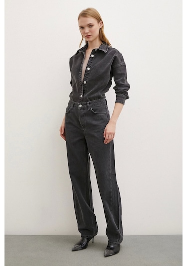 Never More Yüksek Bel Düğme Kapamalı Mom Jean Siyah Siyah