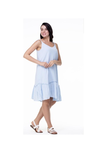 Askılı Müslin Serra Volanlı Kısa Elbise Buz Mavi Bmv-buz Mavi