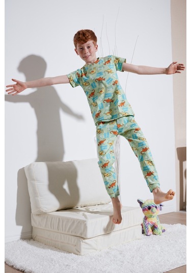 Lela Desenli % 100 Pamuk Bisiklet Yaka Erkek Çocuk Pijama Takımı 6651003 Mint