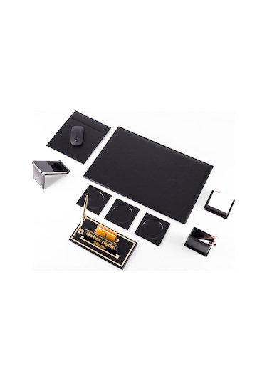 Optima 9 Parça Siyah Deri Sümen Seti Takımı Gold Kalem Ofis Masa İsimliği Kalite Masa Sümeni İsimlik