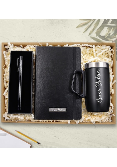 Kişiye Özel Siyah Çelik Bardak Termos & İsme Özel Siyah Defter & İsme Özel Roller Kalem Hediye Seti