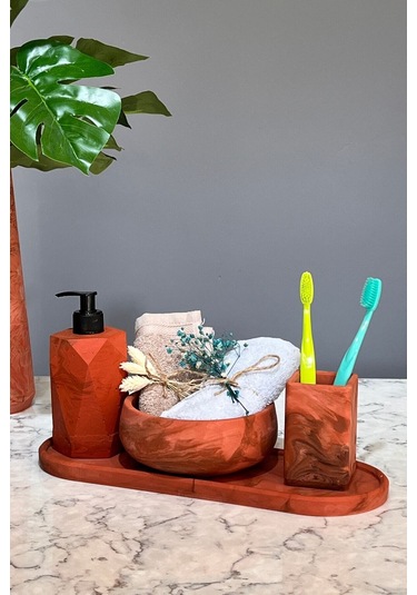 4'lü Terracotta Serisi Mermer Desenli Beton Banyo Seti Tuvalet Wc Sıvı Sabunluk Diş Fırçalığı Takım Kahverengi