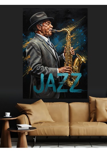 Saksafon Çalan Jazz Adam Dekoratif Kanvas - Mdf Ahşap Tablo