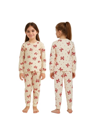 Ekru Renk Kırmızı Fiyonk Baskılı Kız Çocuk Pijama Takımı Ekru