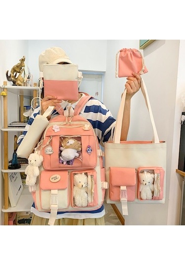 Sımıcg Öğrenci Beş Parçalı Büyük Kapasiteli Okul Çantası Pembe