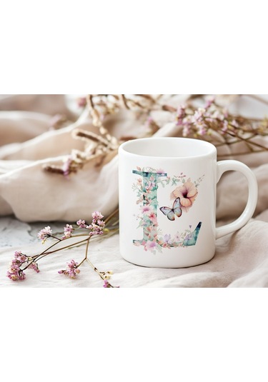 L Harfi Çiçekli Kupa Bardak - Soft Renk Çiçek Ve Kelebek Desenli Zarif Kahve Kupası - Bohem Beyaz