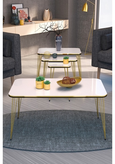 Zigon Sehpa Kr Ve Orta Sehpa Kr Set Çift Gold Beyaz Tel