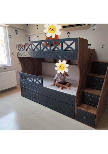 Mdf Atlantik Antrasit Çarpılı Model Çocuk Ranzası