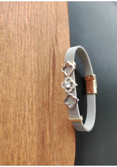 Kadın Charmlı 316l Çelik Hasır Bileklik 17cm Gümüş