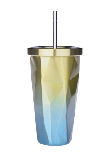 Monyee 500ml Çift Duvarlı Paslanmaz Çelik Termos Bardak, 6 Saat Isı Saklama, Kaçırmaz Kapağı Ve Pipet İle Seyahat Kahve Bardağı - Sarı-mavi Diamond Desen Sarı&mavi