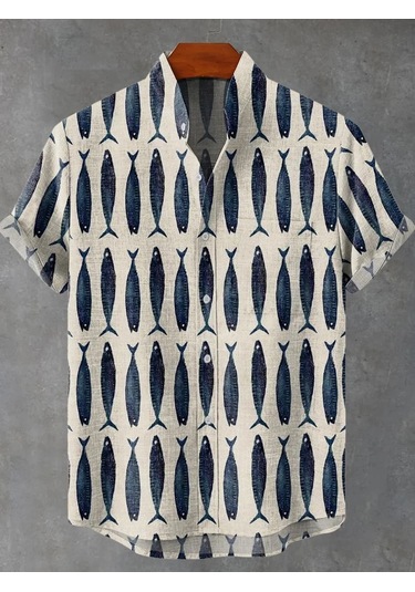 Snapbuy Retro 3d Sanat Baskılı Çizgili Balık Desen Keten Erkek Gömlekkahverengi Kahverengi