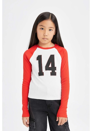DeFacto Kız Çocuk Bisiklet Yaka Sayı Desenli Fitilli Kaşkorse Uzun Kollu Tişört D6499A8NSWT34 Beyaz