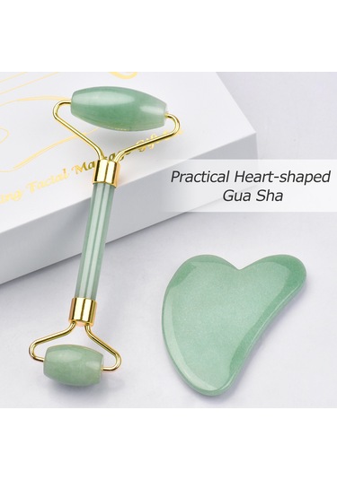 Gajeena Yeşil Jade Güzellik Aleti Seti: Kalp Şekilli Gövde/ Yüz Tırnak Ve İki Uçlu Rulman - Kas Gevşetici, Kuru Cilt Bakımı, Güzellik Masajı Yeşil