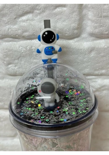 Pipetli Bardak Matara Sevimli Suluk 450 Ml Çift Astronot Figürlü Gümüş