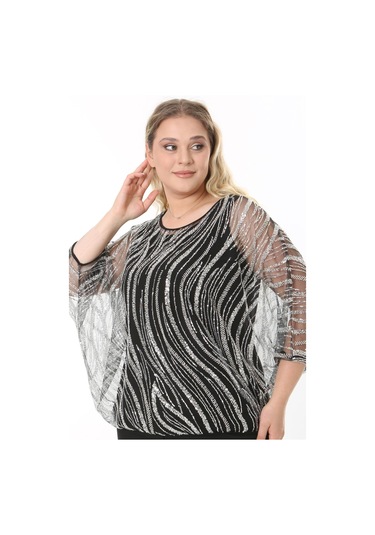 Büyük Beden 3899 Siyah - Gümüş Bluz + Bady İkili Takım 001