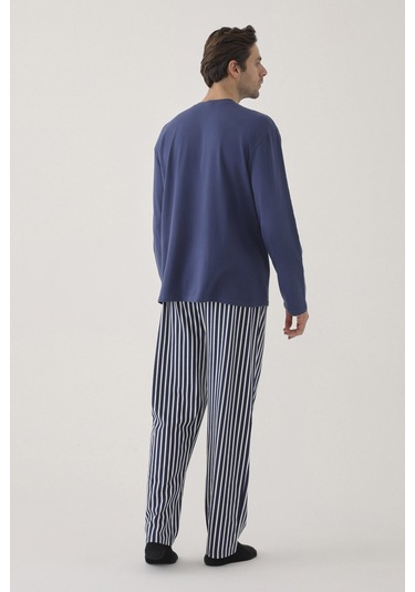 Erkek Pamuklu Uzun Kollu Üst Astronot Baskılı Alt Çizgili Pijama Takımı Ke30106 Mavi - Beyaz