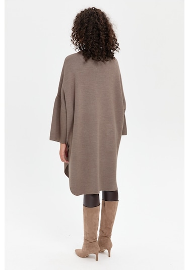 Kadın Dik Yaka Cebi Gül İşlemeli Fermuarlı Panço Vizon Vizon