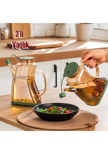 Porsima 3855 Şeffaf 2 Li 1 Lt Borosilikat Cam Zeytinyağ Şişesi - Yağlık Ve Sirkelik Seti Yeşil Yeşil