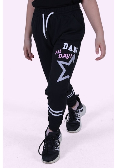 Yıldız Detaylı Yazı Baskılı Kız Çocuk Eşofman Altı Siyah