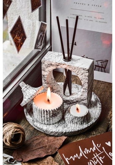 Mermer Desen Tasarım Kokulu Soya Mum, Vazo, Tealightlık, Tepsi Ve 001