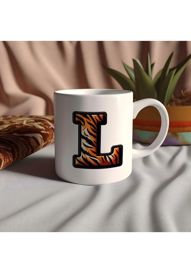 L Harfi Kaplan Figürlü Nakış Desenli Kupa Bardak - Kişiye Özel Vahşi Hayvan Desenli Kupa - Hediye Beyaz