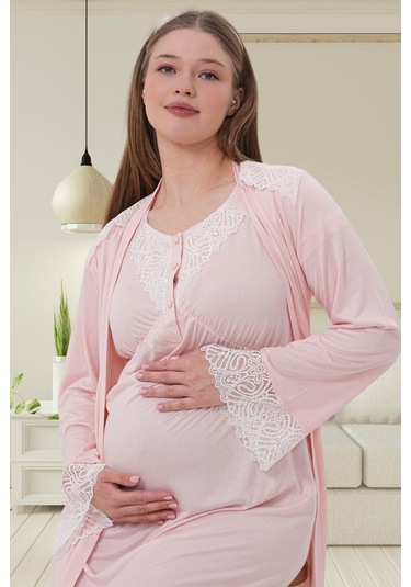 Mecit 6204 Pembe Hamile Lohusa Dantelli Sabahlık Gecelik Takım