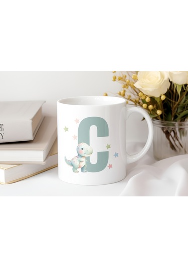 C Harfi Sevimli Dinozor Kupa Bardak - Açık Yeşil Yıldız Detaylı Dino Tasarım - Hediye Beyaz