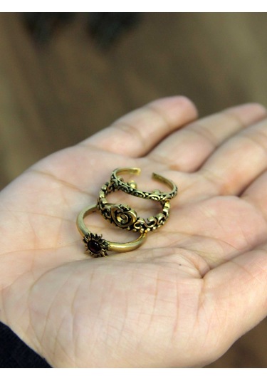 Doğal Taşlı 3'lü Garnet Lal Doğal Taşlı Güneş Modelli Kadın Ayarlanabilir Yüzük Seti Euy85 Kırmızı