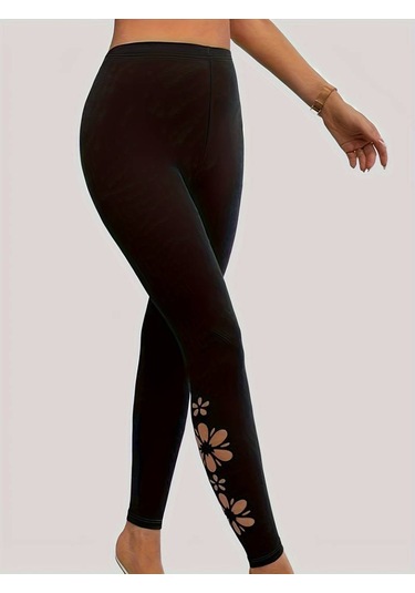 Supplierby Kadın Yanları Lazer Çiçek Kesim Yüksek Bel Dalgıç Tayt Siyah