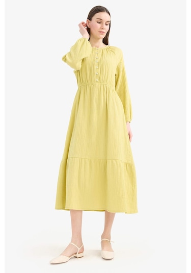 DeFacto Relax Fit Bisiklet Yaka Müslin Uzun Kollu Maxi Tesettür Elbise D0570AX25SMGN730