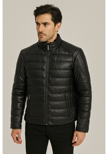 Su Geçirmez Regular Fit Erkek Şişme Suni Deri Mont Siyah 4528 Siyah