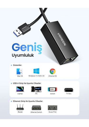 Ugreen Usb 3.0/1000mbps Rj45 Ethernet Adaptörü, 20256