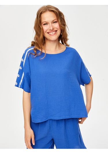 Resort Palmiye Baskı Detaylı Kısa Kol Müslin Bluz S25blz061 Us25blz06125 Sax