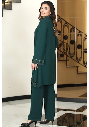 Umay Şifon Tunik Pantolon İkili Tesettür Takım Zümrüt Zümrüt