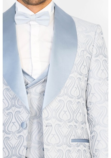 Dalgalı Desenli S Al Yaka Yelekli Buz Mavi Smokin - Wessi İndigo