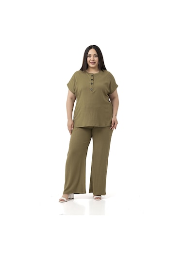 Büyük Beden Düşük Kollu Bluz Pantolon Haki İkili Takım Haki