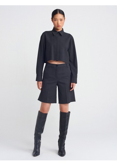 Dilvin 50491 Dökümlü Crop Gömlek Antrasit