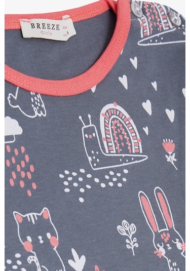Breeze Kız Bebek Pijama Takımı Hayvancık Desenli Doğa Temalı 9 Ay-3 Yaş, Füme-füme Füme