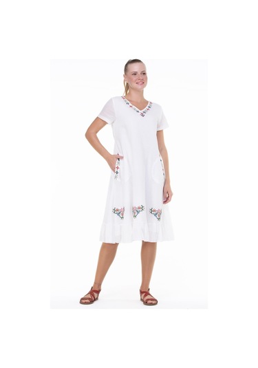 Kısa Kol Şile Bezi Mehtap Midi Boy Nakış Detaylı Elbise Krem Krm-krem